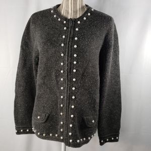 design assets Grey Wool Blend Full Zip Pearl Accent Sweater Size Large